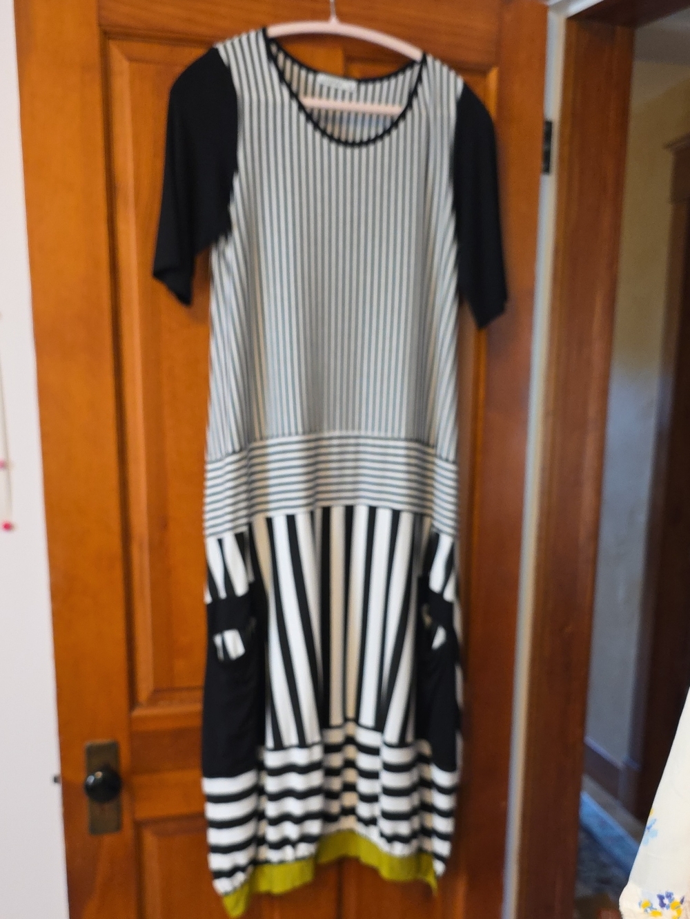 Luukaa Black and White Striped Maxi Dress with Lime Accent
